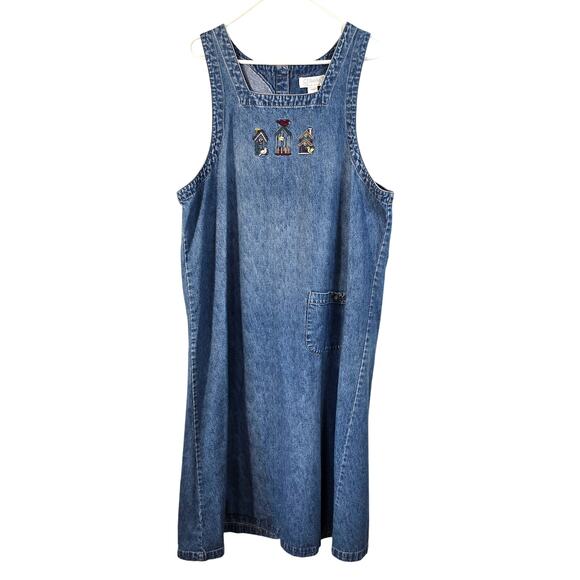 Vintage CJ Banks Jumper Dress Women's 16W Denim Birdhouses Embroidered Modest - Picture 1 of 10